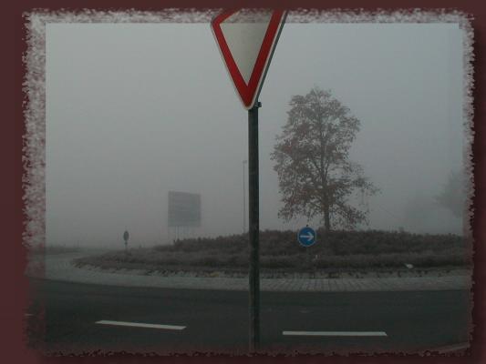Foto: Kreisel einer Strae im Nebel